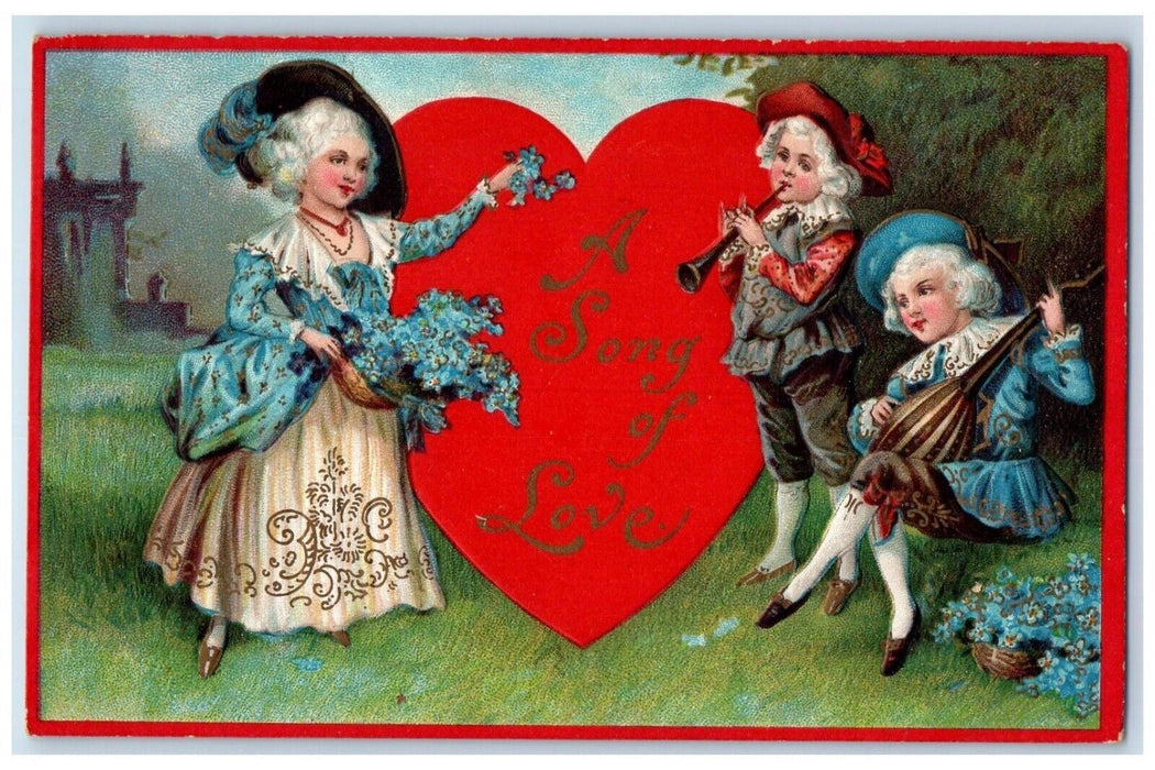 c1910's Valentine Colonial Playing Flute Pansies Flowers Embossed Postcard