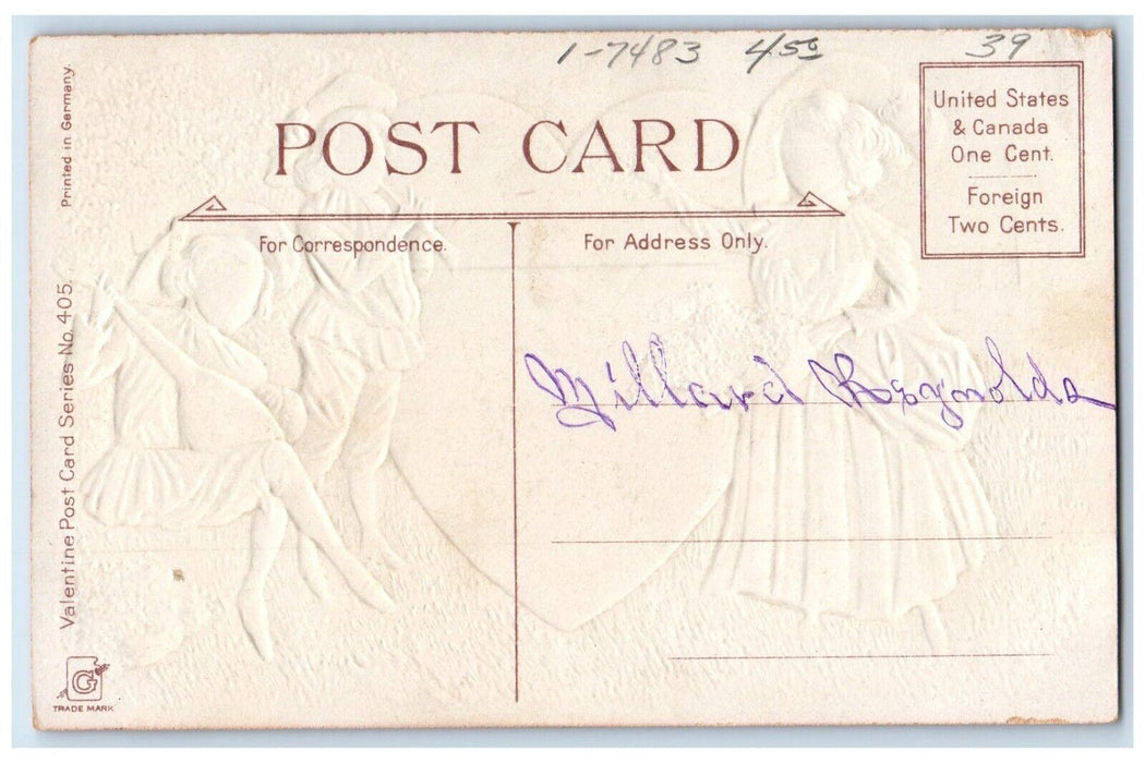 c1910's Valentine Colonial Playing Flute Pansies Flowers Embossed Postcard