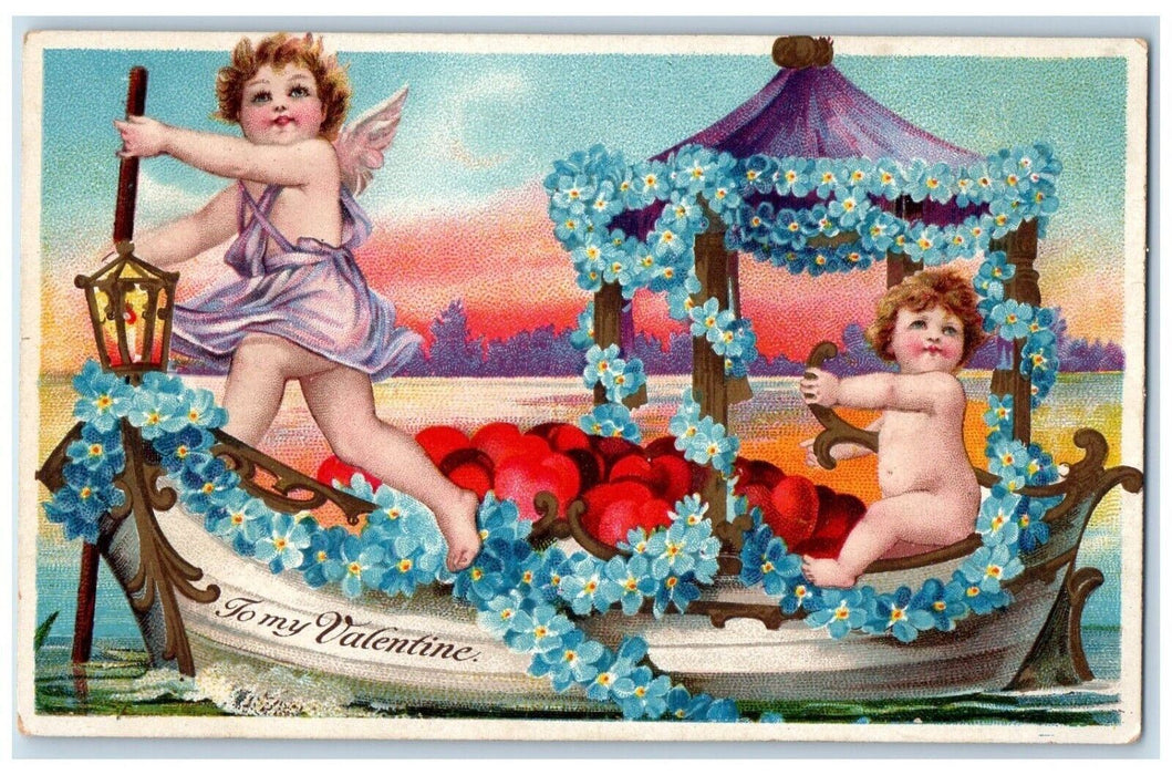 c1910's Valentine Cupid Angel Boating With Hearts Pansies Flowers Postcard