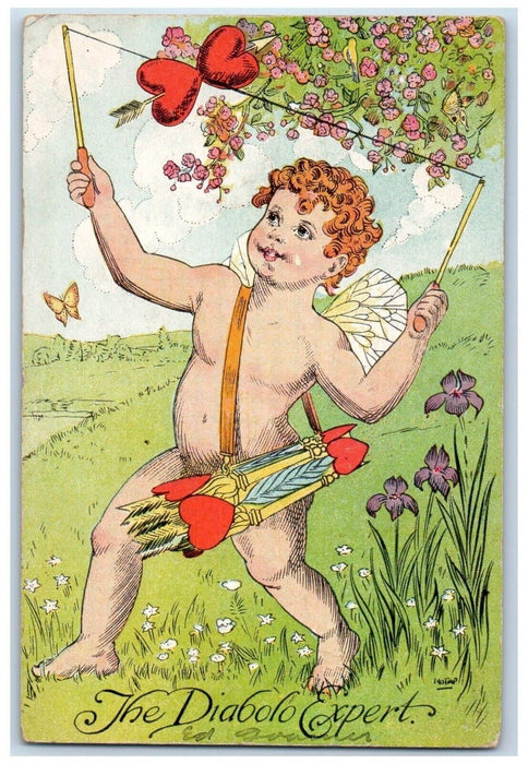 1914 Valentine Cupid Angel Hearts Butterfly Pansies Flowers Wheeler WI Postcard