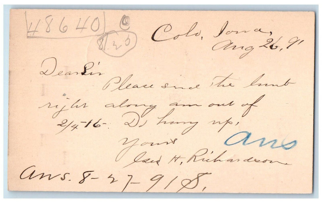 1891 Richardson Colo Iowa IA Clinton IA Posted Antique Postal Card