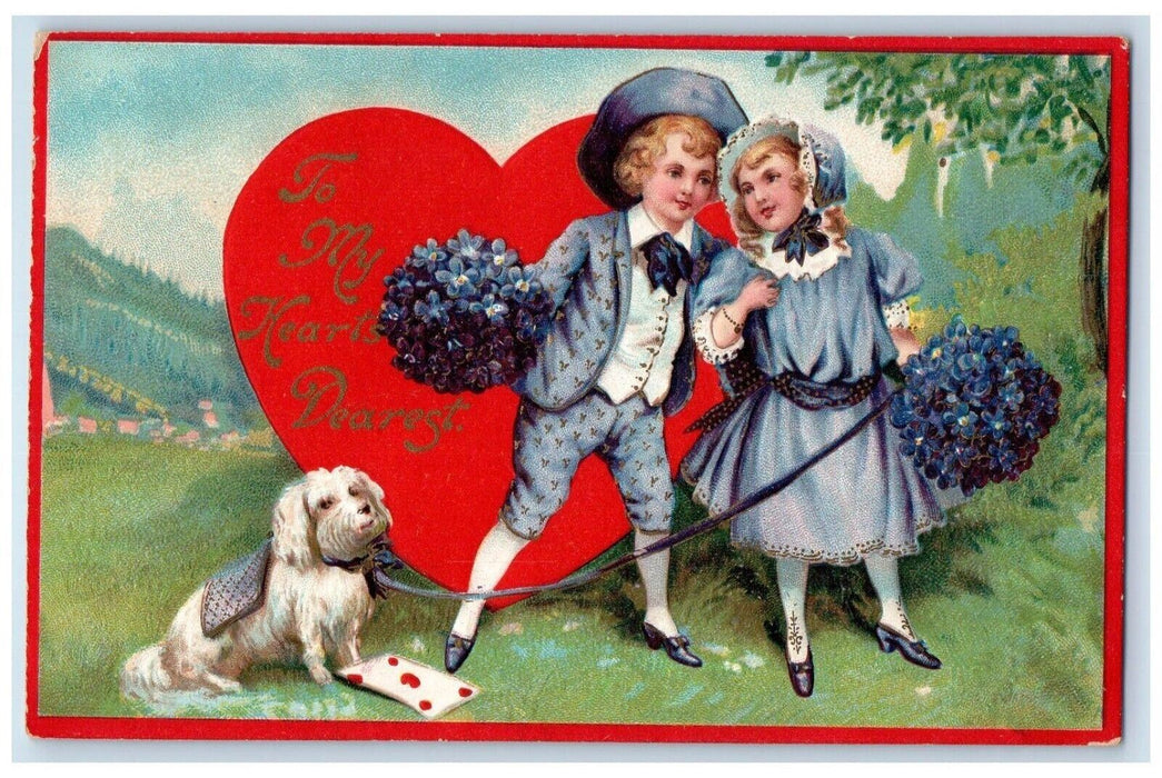 c1910's Valentine Couple With Dog Holding Pansies Flowers Hearts Posted Postcard