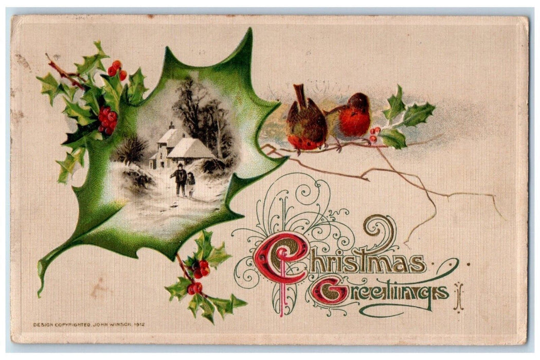 1914 Christmas Greetings Song Birds Berries John Winsch Artist Signed Postcard