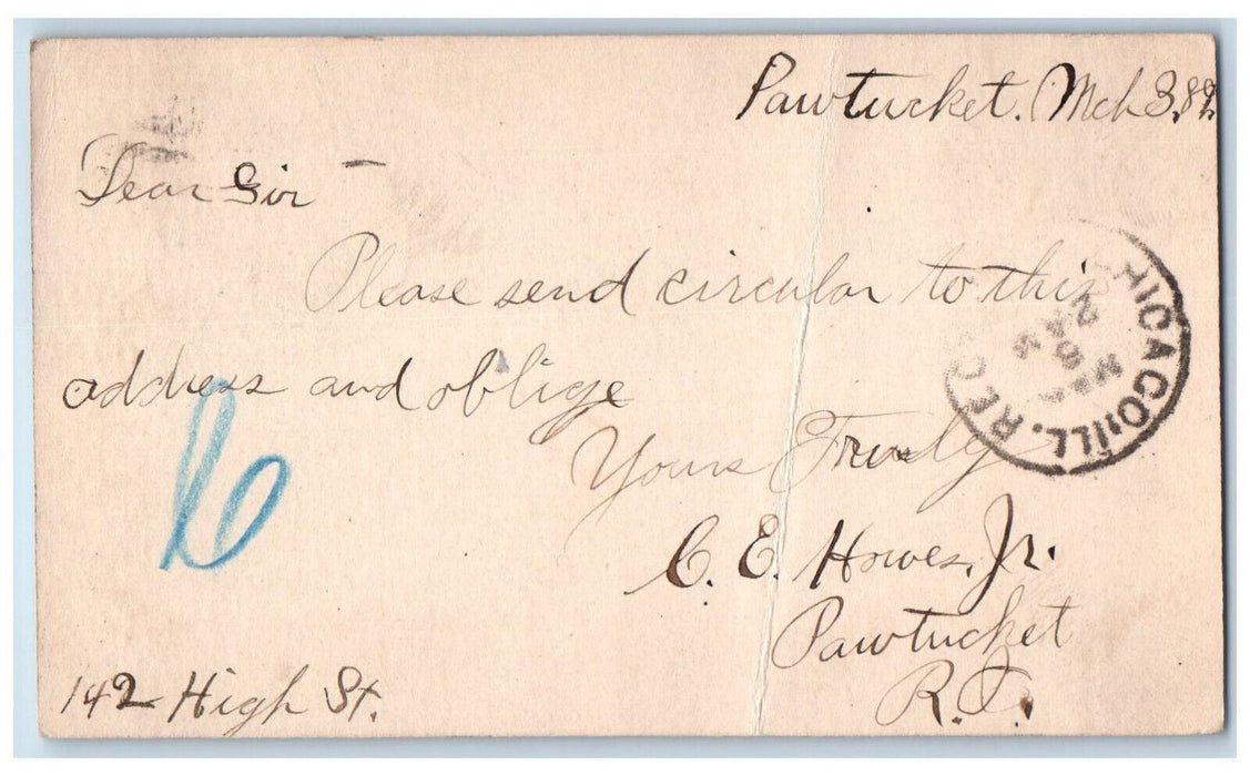 1889 CE Howes Jr. Please Send Circular Message Pawtucket RI Postal Card