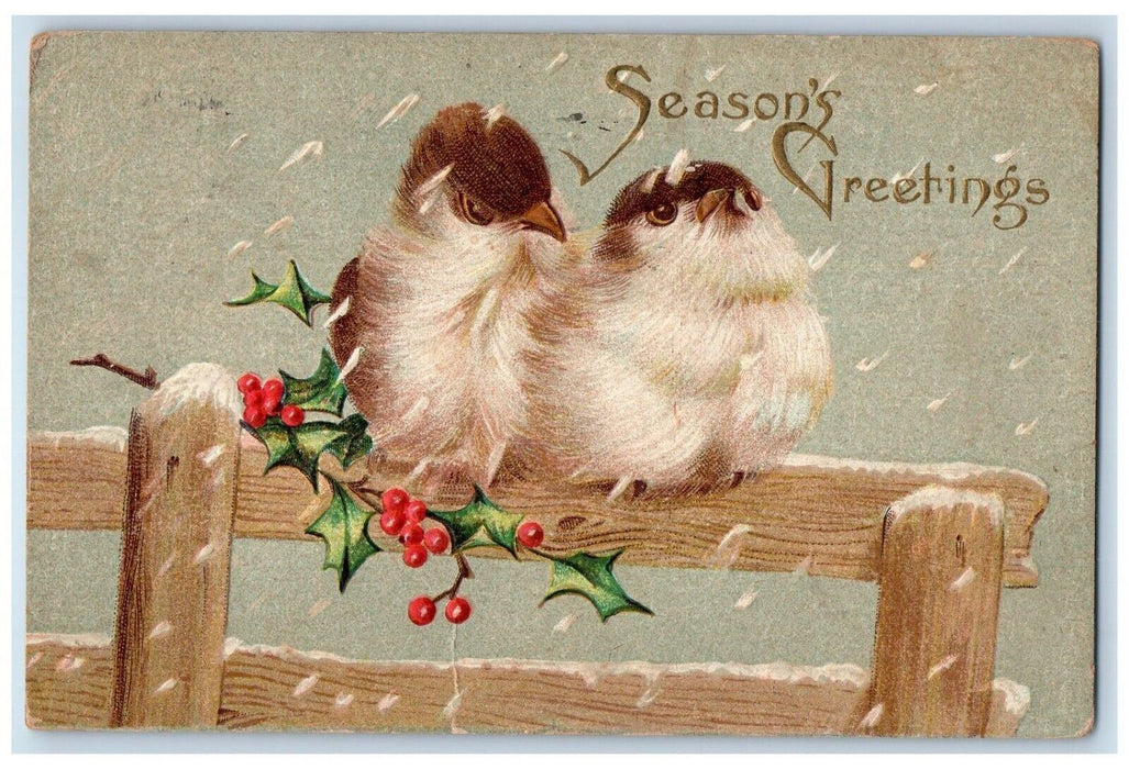 1909 Christmas Greetings Birds On Top Of Fence Berries Snowfall Posted Postcard