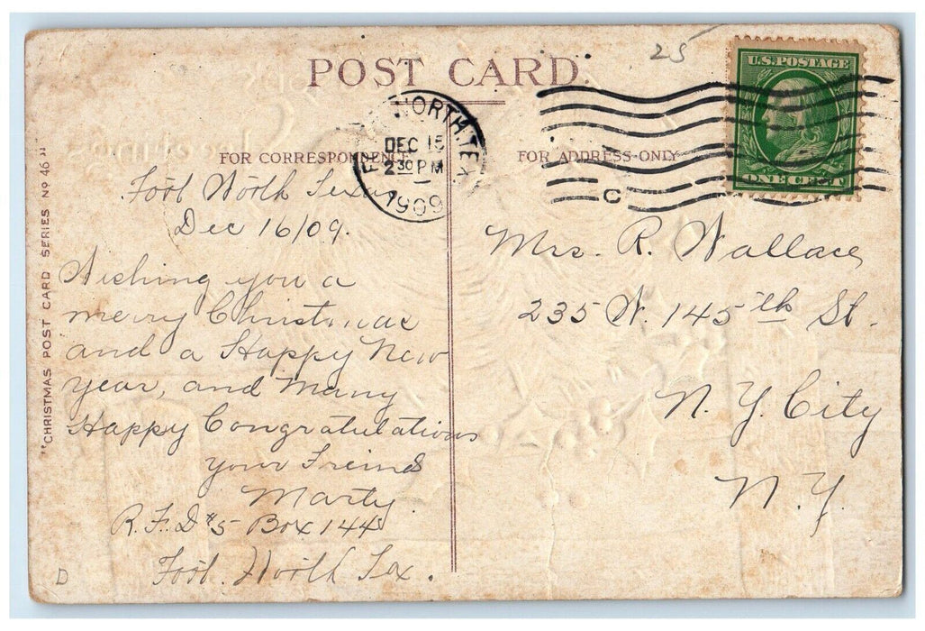 1909 Christmas Greetings Birds On Top Of Fence Berries Snowfall Posted Postcard