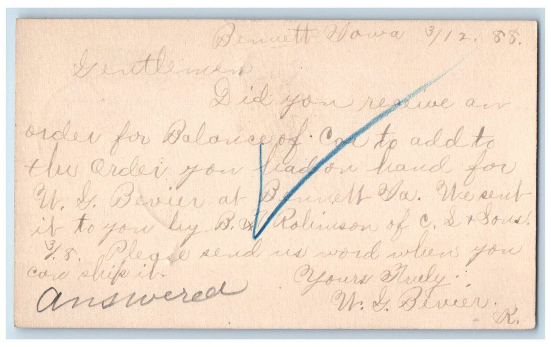 1888 Order Sent By B. Robinson of CS & Sous Bennett Iowa IA Postal Card