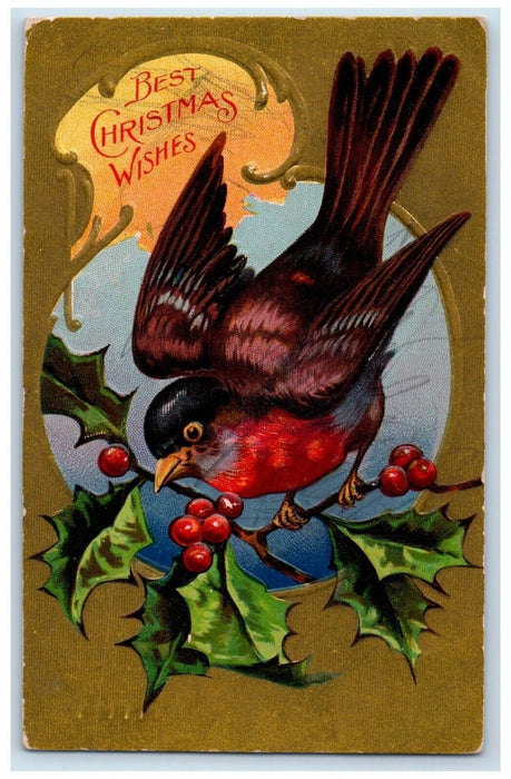 1909 Christmas Wishes Bird Holly Berries Embossed Bamforth Antique Postcard