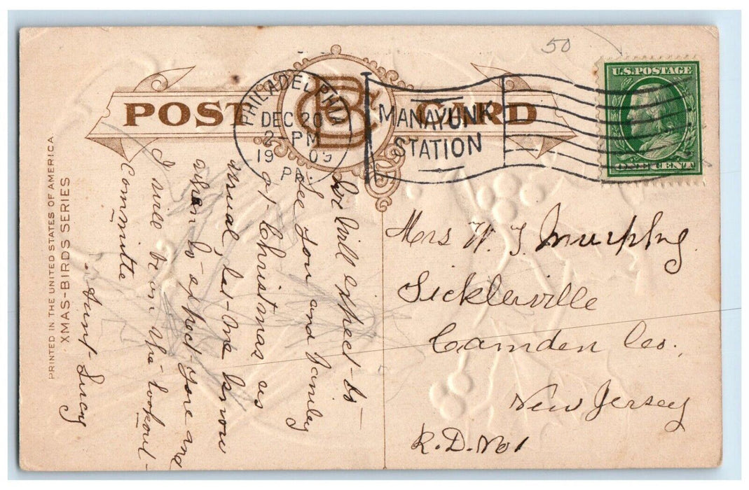 1909 Christmas Wishes Bird Holly Berries Embossed Bamforth Antique Postcard