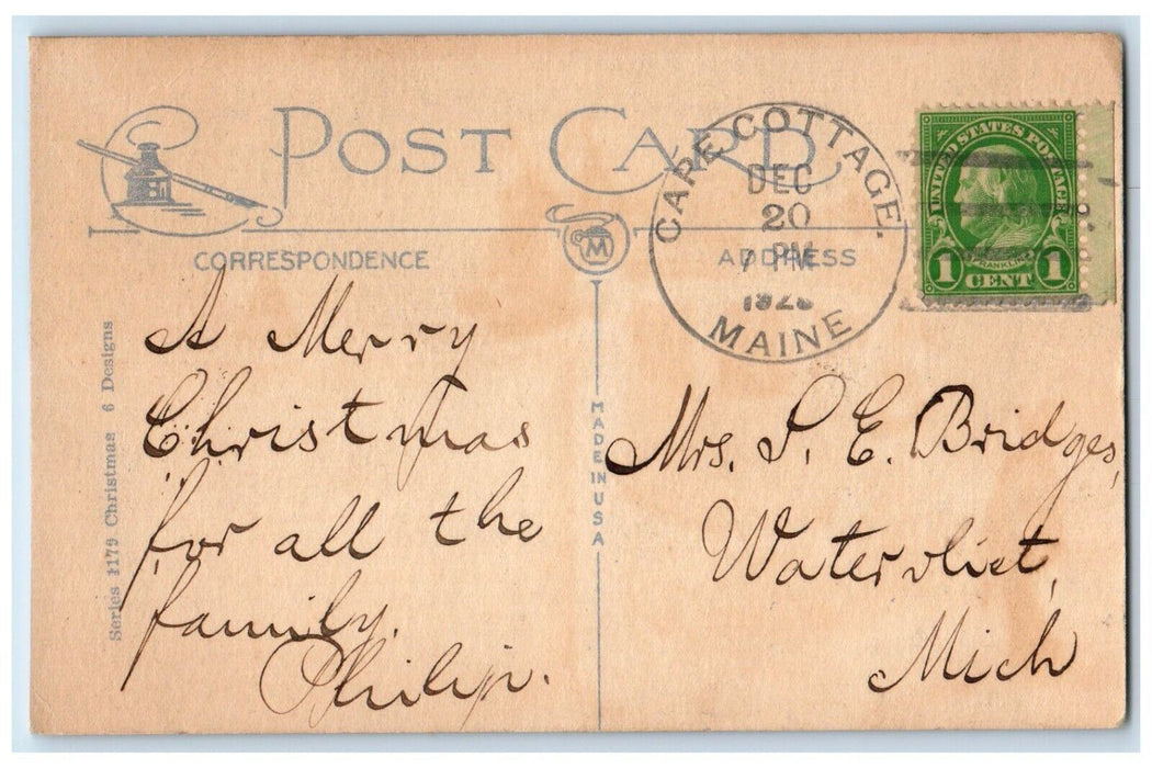 1928 Christmas Greetings Carriage Man At The Top Inn Sign Winter Posted Postcard