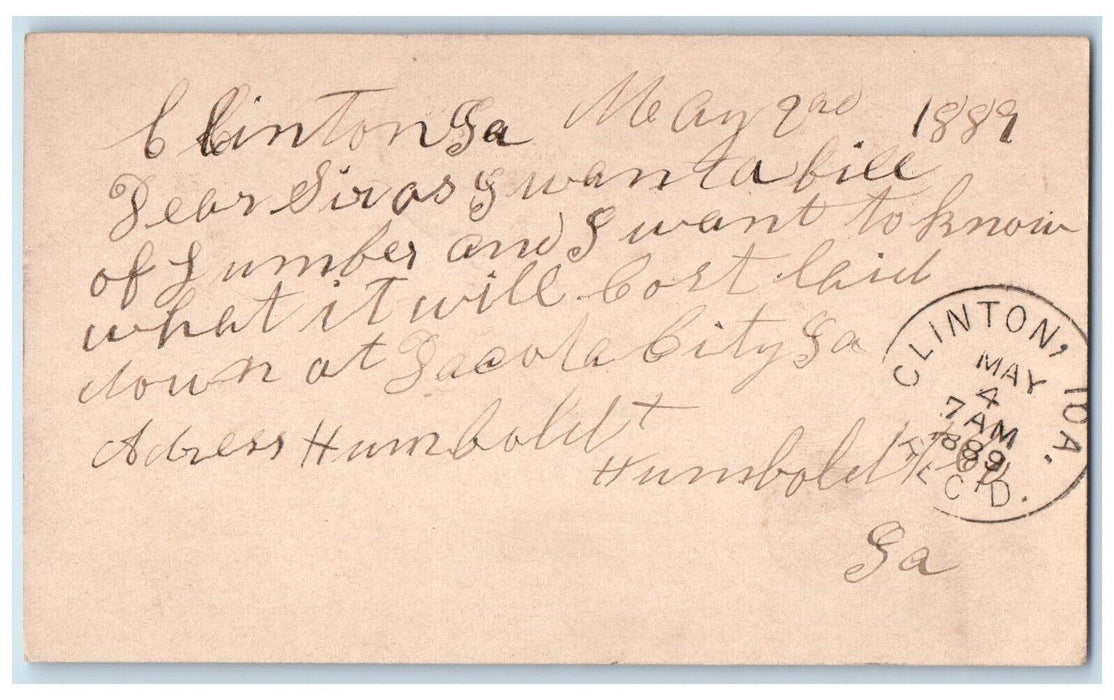1889 Bill of Lumber Clinton Iowa IA Humboldt Iowa IA Posted Postal Card