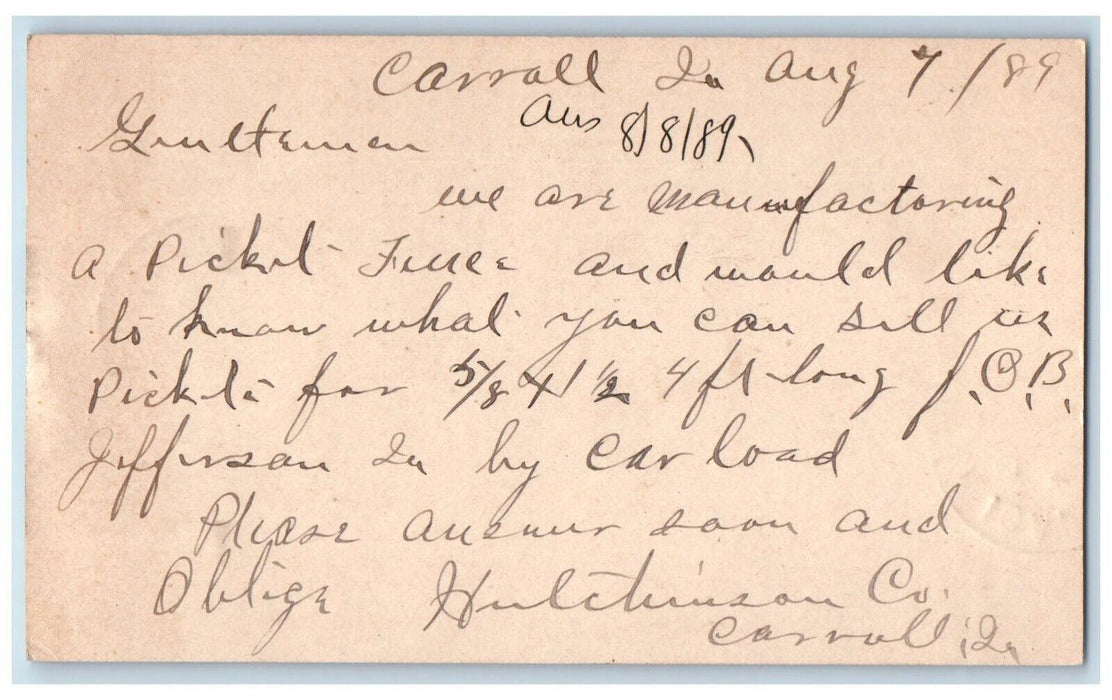 1889 Hutchinson Co. Manufacturing Item Carroll Iowa IA Posted Postal Card