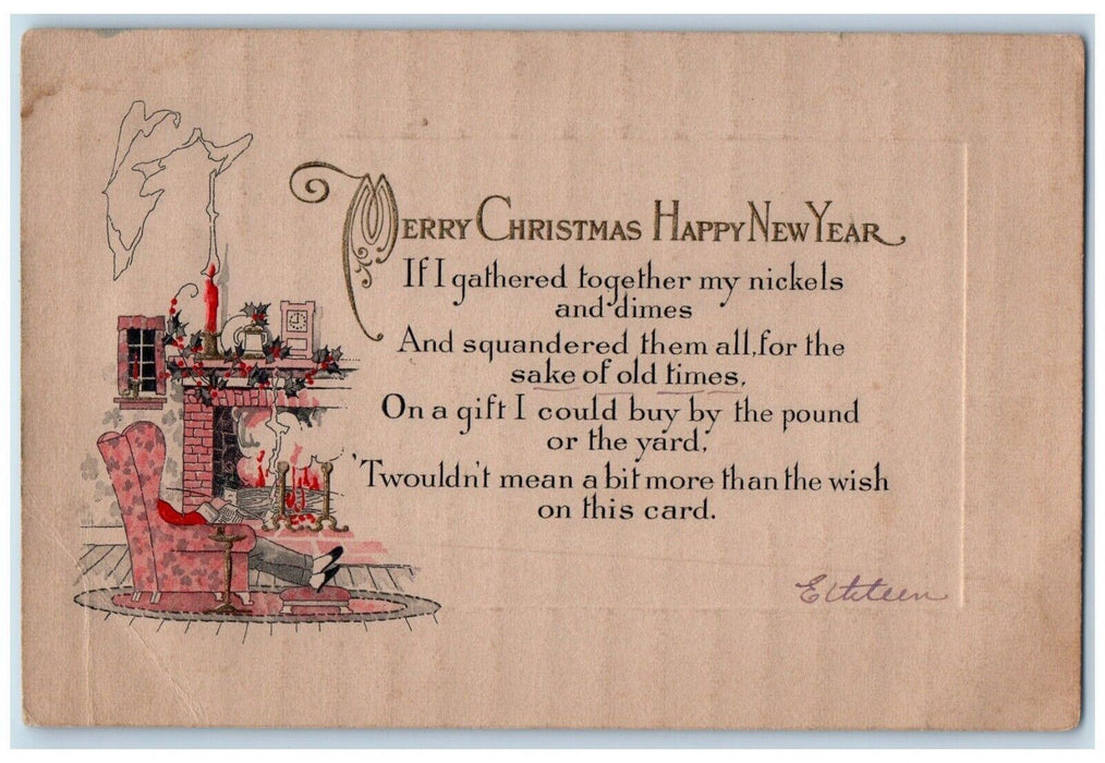 c1920's Christmas And New Year Man Sitting Fireplace Berries Candle Postcard