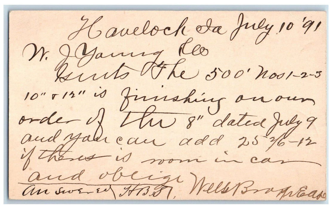 1891 WJ Young & Co. Ordering Message Havelock Iowa IA Posted Postal Card
