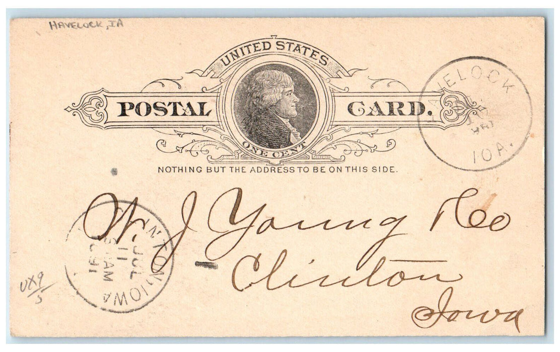 1891 WJ Young & Co. Ordering Message Havelock Iowa IA Posted Postal Card