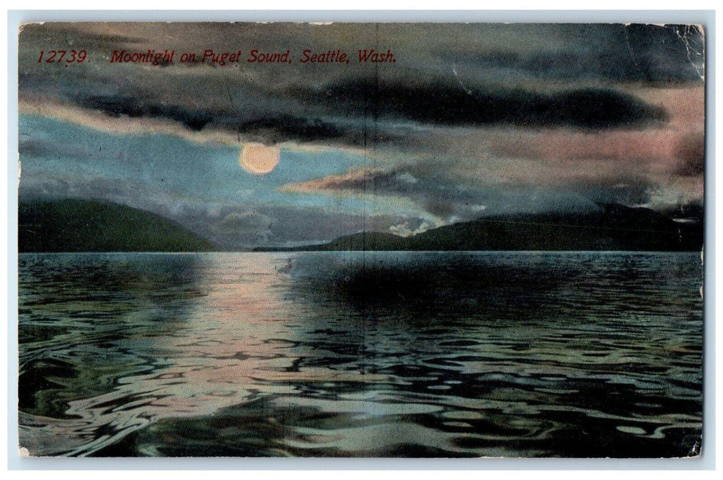 1914 Moonlight Night Scene On Puget Sound Seattle Washington WA Antique Postcard