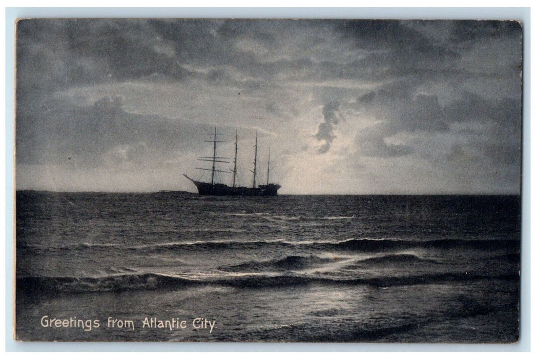 1905 Greetings From Atlantic City, Ship Scene New Jersey NJ Rotograph Postcard