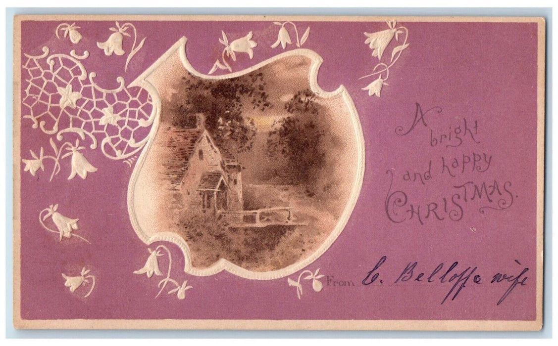 c1905 Christmas Flowers House Art Nouveau Embossed Unposted Antique Postcard