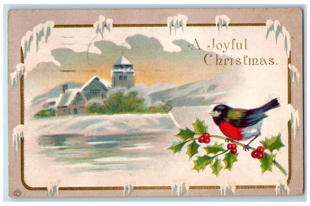 1920 Christmas Bird Holly Berries Houses Winter Embossed Posted Antique Postcard