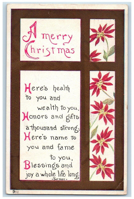 1912 Christmas Message Turner Poinsettia Flowers Sharon Pennsylvania PA Postcard