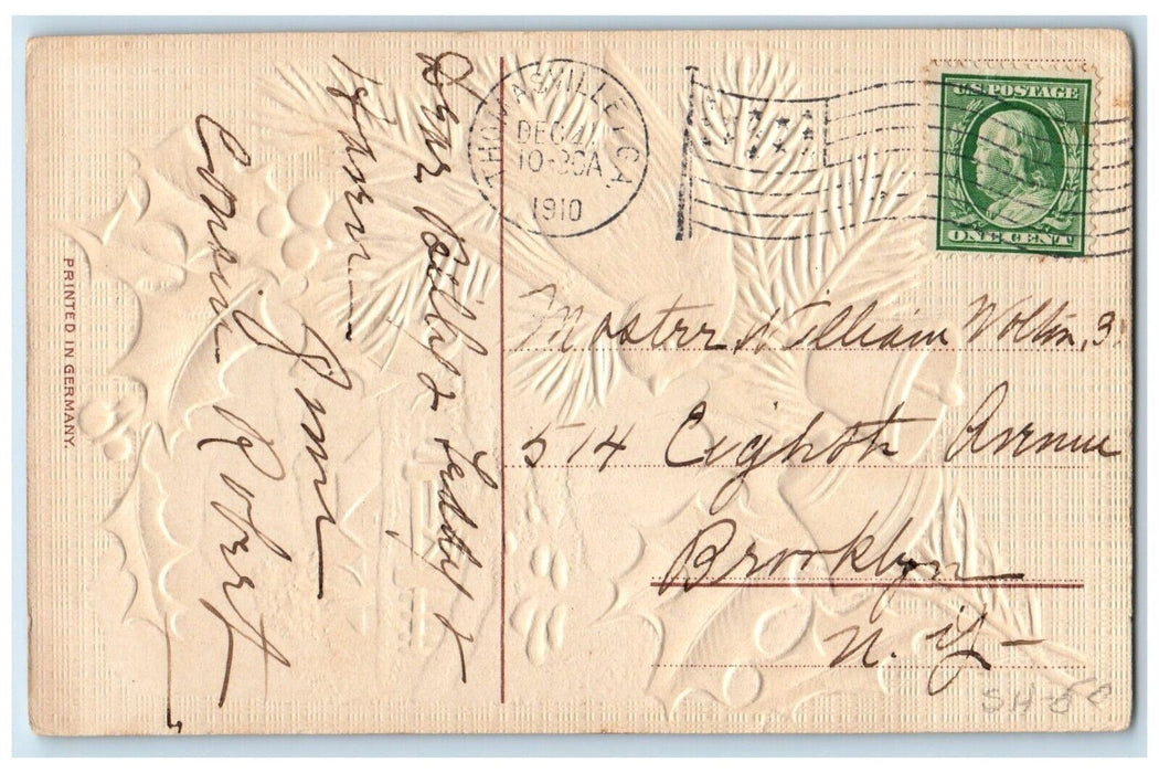 1910 Christmas Bird Pine Leaf Holly Berries House Winter Thomasville CA Postcard
