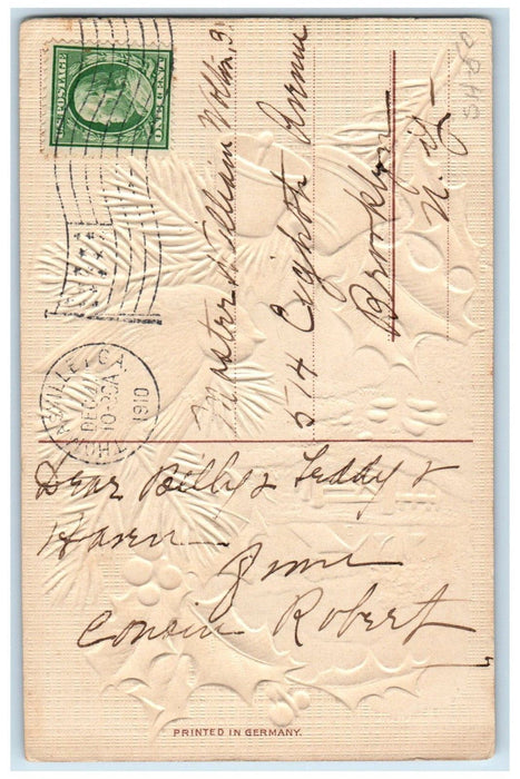 1910 Christmas Bird Pine Leaf Holly Berries House Winter Thomasville CA Postcard