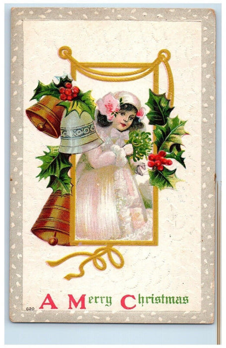 1910 Christmas Girl Holding Mistletoe Bells Holly Berries Embossed Postcard