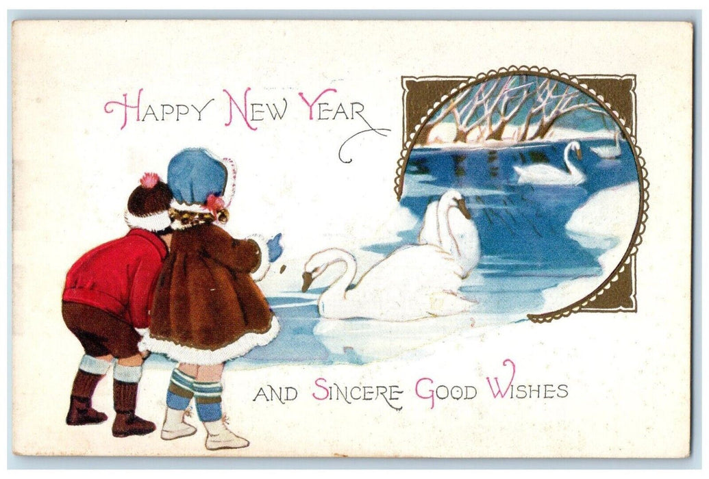 c1910's New Year Good Wishes Children Swans Embossed Unposted Antique Postcard