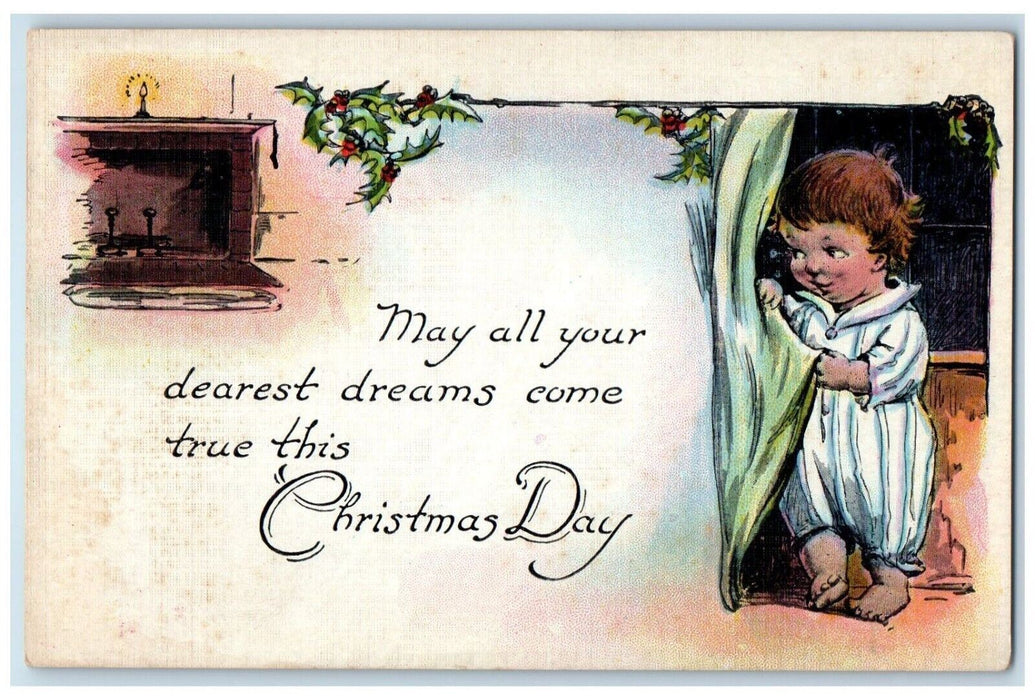 c1910's Christmas Day Child Holly Berries Fireplace Candle Light Postcard