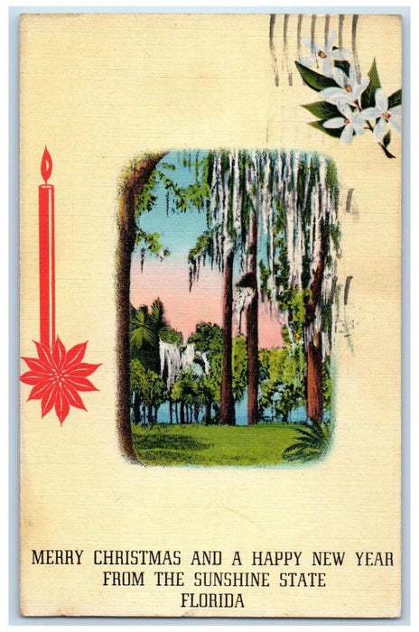 1944 Christmas New Year From The Sunshine State Florida Flowers Candle Postcard