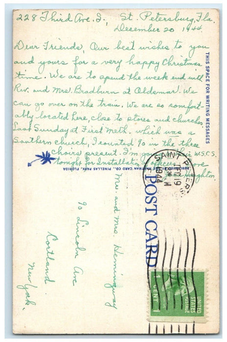 1944 Christmas New Year From The Sunshine State Florida Flowers Candle Postcard