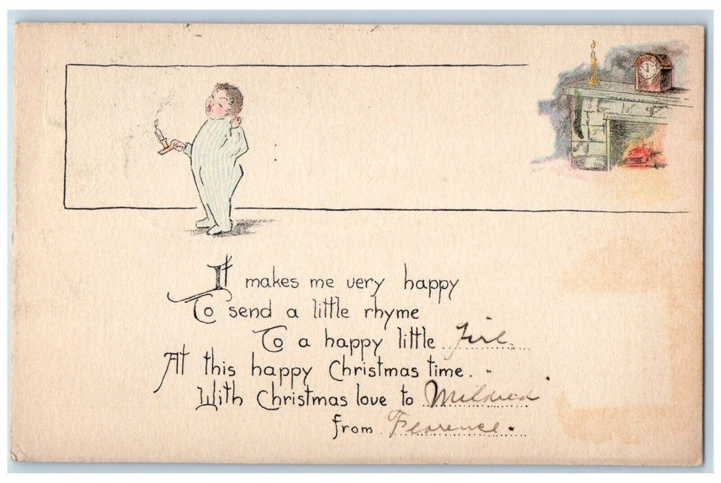 1919 Christmas Child With Candle Light Fireplace Clock Posted Antique Postcard