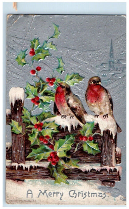 1908 Christmas Song Birds Holly Berries At The Top Of Fence Winter Postcard