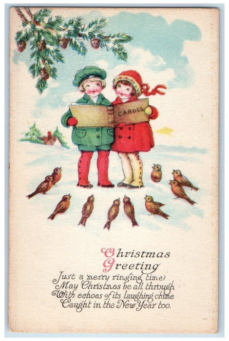 c1910's Christmas Greetings Song Birds And Children Carols Pine Cone Postcard