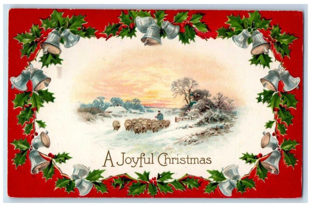 c1910's Christmas Holly Berries Ringing Bells Sheep Winter Winsch Back Postcard