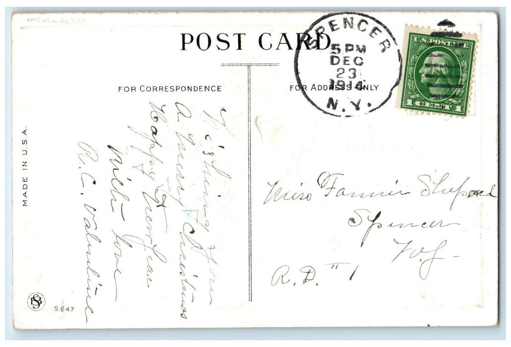1914 Christmas Ringing Bells Holly Berries Minimalist Spencer NY Posted Postcard