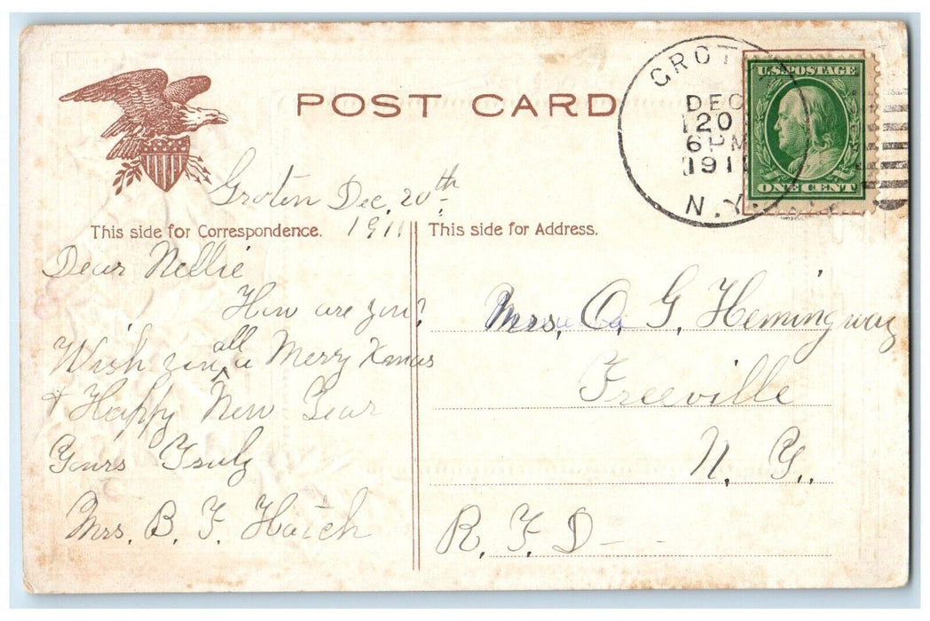 1911 Christmas Tree Family Holly Berries Groton New York NY Antique Postcard