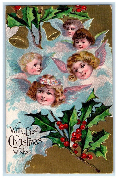 1908 Christmas Wishes Angels Head Holly Berries Embossed Altoona PA Postcard