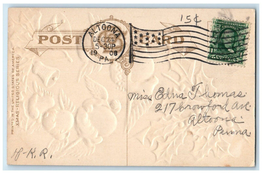 1908 Christmas Wishes Angels Head Holly Berries Embossed Altoona PA Postcard