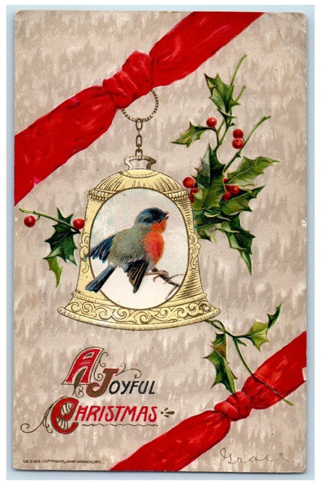 1912 Christmas Song Bird Bell Berries John Winsch Artist Signed Posted Postcard