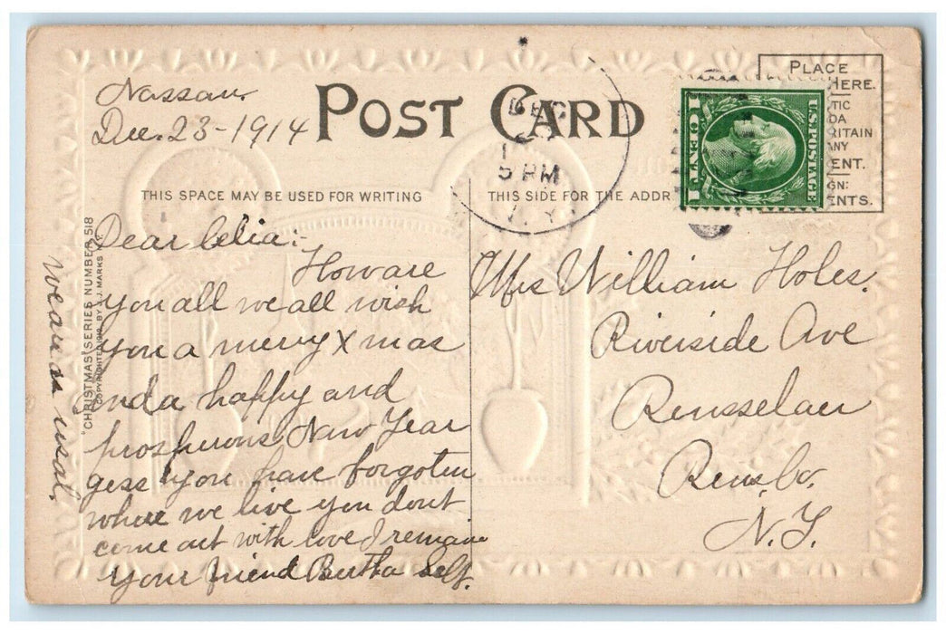 1914 Christmas Apple Tree Holly Berries Church Winter Nassau NY Antique Postcard