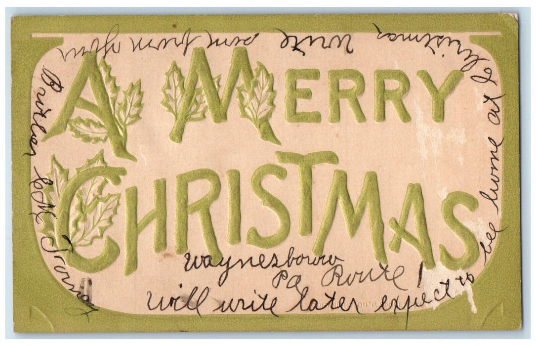 1909 Merry Christmas Large Letter Waynesboro Pennsylvania PA Antique Postcard