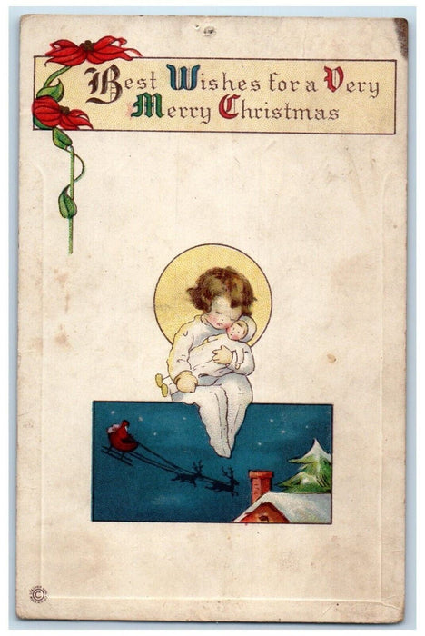 1920 Christmas Poinsettia Little Girl Doll Santa Deer Delivering Toys Postcard