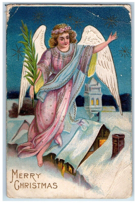 1907 Merry Christmas Floating Angel Stars House Covered Snow Embossed Postcard