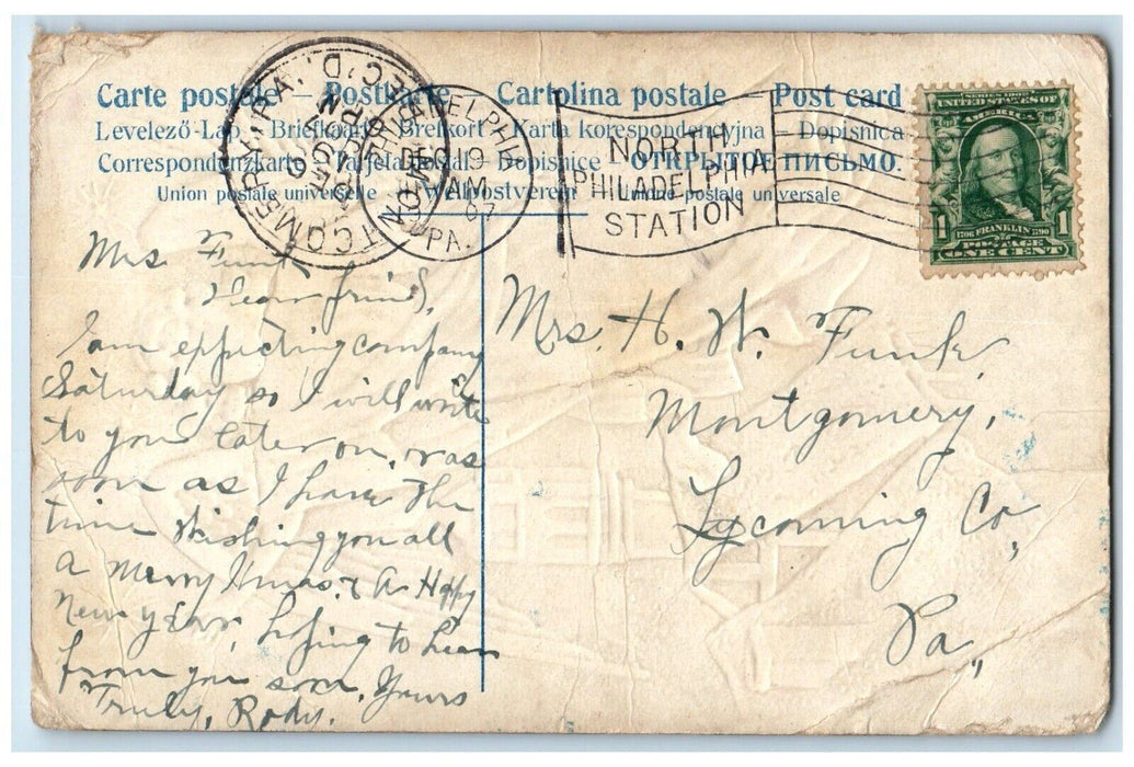 1907 Merry Christmas Floating Angel Stars House Covered Snow Embossed Postcard