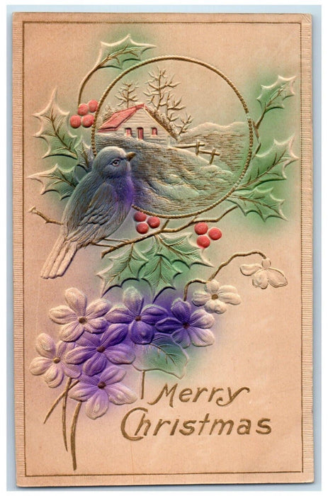 c1910's Christmas Bird Holly Berries Pansies Airbrushed Embossed Posted Postcard