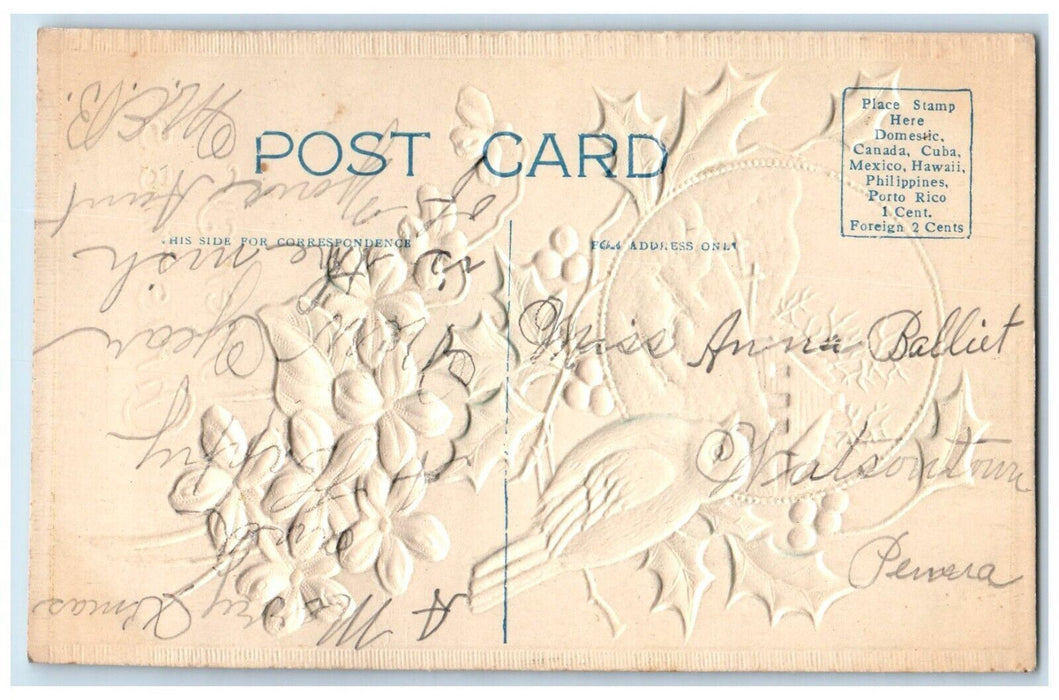 c1910's Christmas Bird Holly Berries Pansies Airbrushed Embossed Posted Postcard