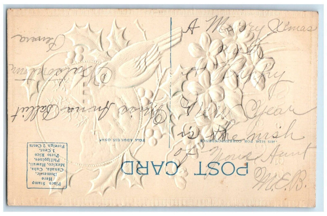 c1910's Christmas Bird Holly Berries Pansies Airbrushed Embossed Posted Postcard