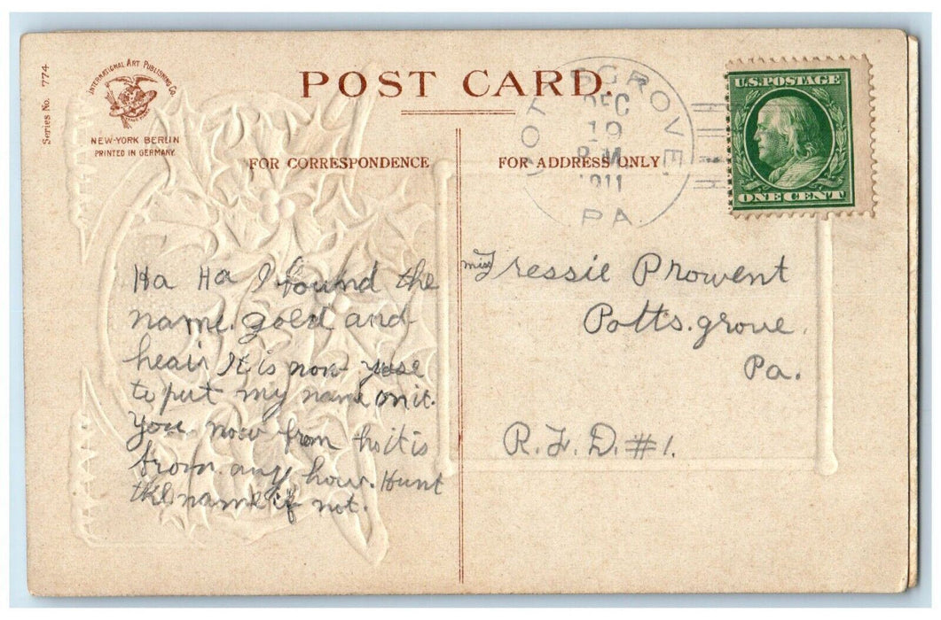 1911 Christmas Greetings Pine Cone Winter Clapsaddle Pottsgrove PA Postcard
