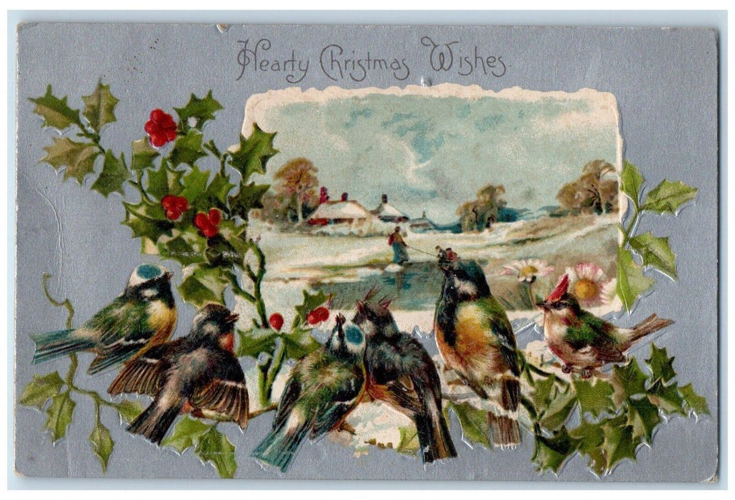 c1905 Christmas Wishes Song Birds Holly Berries House Winter Nash Postcard